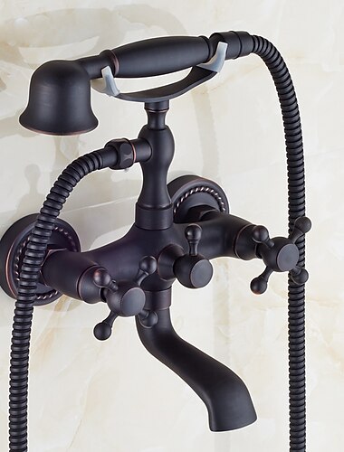  סט ברז מקלחת פליז עם פיה באמבטיה מערכת מקלחת, ידית 2 ידיות טלפון בסגנון מוחזק ביד מקלחת יד 1.5 מטר צינור צמוד קיר ברז