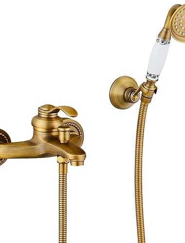  douchekraan set,montage buiten antiek messing/messing/geel dual-head uittrekbare vintage stijl, messing douchekraan met regendouche/handdouche/bodysprays/afvoer met warm en koud water