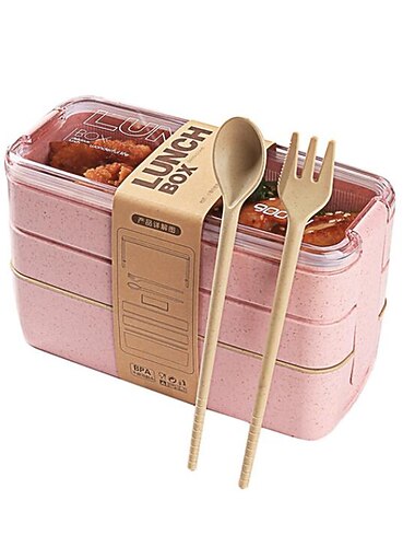  900 ml kannettava lounasrasia 3 kerros vehnän olki bento laatikot mikroaaltouuni ruokailuvälineet ruoan säilytysastia ruokalaatikko 3setit 1set