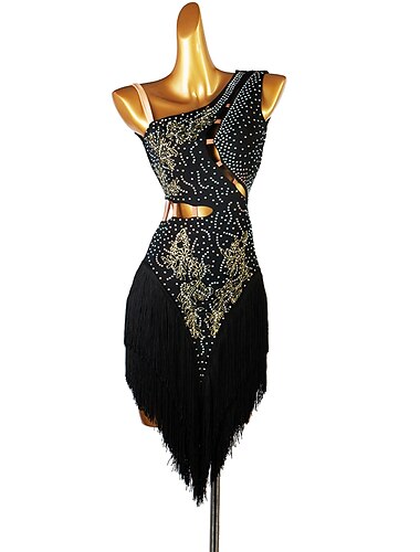  Dance Salsa Latin Dance Dress Fringed Tassel Split Joint Crystals / Competition Dress Rhinestones Women‘s Performance Sleeveless Chinlon