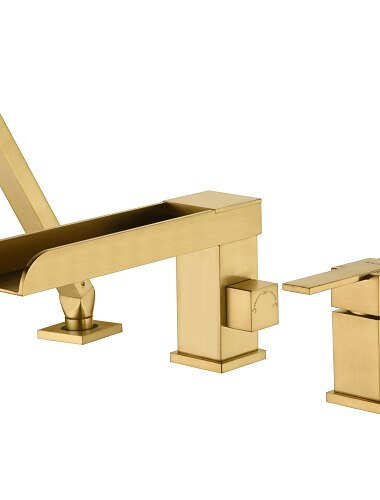  صنبور حوض الاستحمام شلال طويل صنبور حوض استحمام حشو صنابير خلاط ذهبي مع دش يدوي خرطوم 60 بوصة ، 3 فتحات بمقبضين مثبتة على سطح السفينة حمام واسع الانتشار