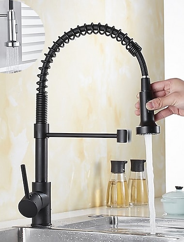  Kitchen Sink Mixer Faucet with Pull Down Sprayer, 360 swivel High Arc Single Handle Spring Kitchen Taps Deck Mounted, One Hole Brass Kitchen Sink Faucet Centerset Water Taps