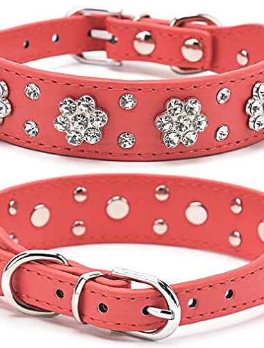 dog leather pu collar,bling flower studded rhinestone dogs collars,adjustable buckle pet necklace collar,for small medium pets,red xs fba