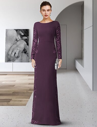  Sheath / Column Mother of the Bride Dress Formal Wedding Guest Elegant Party Scoop Neck Floor Length Chiffon Lace Long Sleeve with Sash / Ribbon Appliques 2024