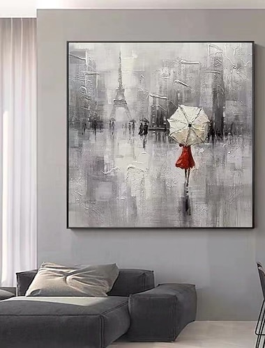 pintura al óleo de gran tamaño 100% hecho a mano arte de pared pintado a mano sobre lienzo torre eiffel mujeres sostienen un paraguas decoración moderna contemporánea decoración del hogar lienzo