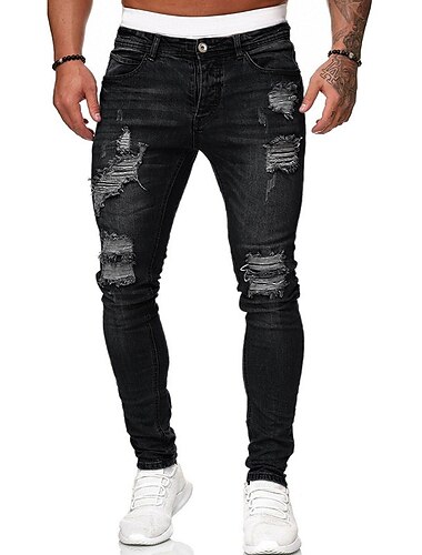  men‘s destroyed stretch jeans-hose used slim-fit jeans pants for men streetwear trousers tapered pants denim pants zipper and button fly