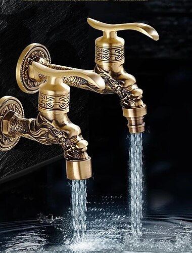  Outdoor Faucet,Wall Mount Antique Brass Faucet,Garden Outdoor Decorative Hose 1/2 inch Connection Spigot Carving Desigh with Cold Water Only