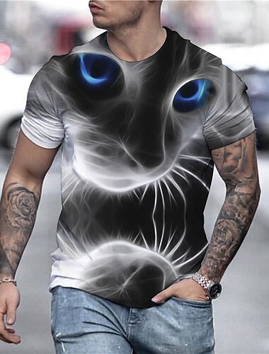 Men's T shirt Tee Shirt Tee Graphic Animal Cat Round Neck Gray 3D Print Plus Size Street Casual Daily Short Sleeve Print Clothing Apparel Party Designer Casual Country