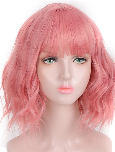  Pink Wigs for Women Synthetic Wig Deep Wave Neat Bang Wig Pink Short A1 A2 A3 A4 A5 Synthetic Hair Women‘s Cosplay Party Fashion Pink Purple Carnival Wig