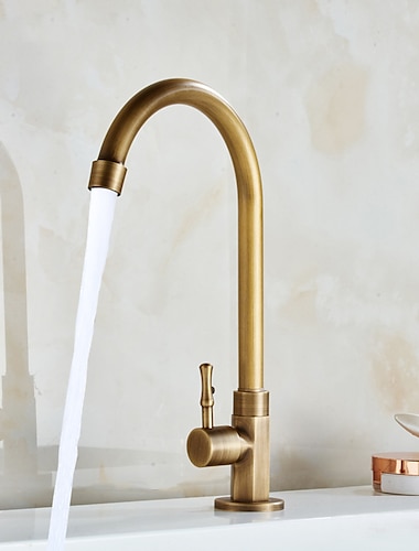  Traditional Kitchen Sink Faucet Cold Water Only, Retro Brass Single Handle Kitchen Tap Golden Electroplated Standard Spout