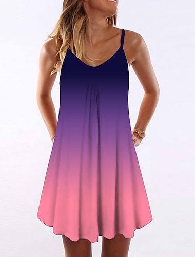 Women's Strap Dress Short Mini Dress Blue Black Purple Sleeveless Color Gradient Print Summer V Neck cold shoulder Casual Loose 3D Print S M L XL XXL