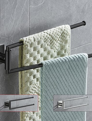  180 Degree Revolving Folding Towel Bar Stainless Steel Bathroom 2-rod Towel Rack Brushed Silvery and Matte Black 1pc