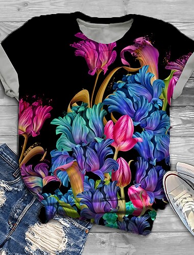  Pentru femei Plus Size Topuri Tricou Floral Grafic Imprimeu Manșon scurt Crewneck De Bază Zilnic Concediu Jersey din Bumbac Spandex Primăvară Vară Negru / Mărime Plus / Mărime Plus