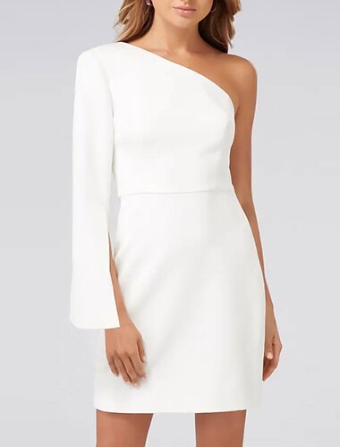  Eng anliegend Minimalistisch Weiss Hochzeitsgast Cocktailparty Geburtstag Kleid Ein-Schulter Langarm Kurz / Mini Satin mit Drapiert 2022