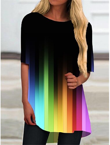  Dames T shirt jurk Mini-jurk Zwart Halve mouw Kleurgradatie Afdrukken Herfst Lente Strakke ronde hals Casual 2022 S M L XL XXL 3XL