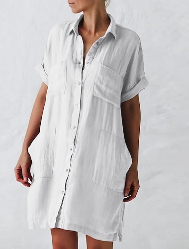  Women‘s Casual Dress Shirt Dress Mini Dress Half Sleeve Pure Color Pocket Spring Summer Shirt Collar Loose Fit 2023 S M L XL XXL 3XL 4XL 5XL