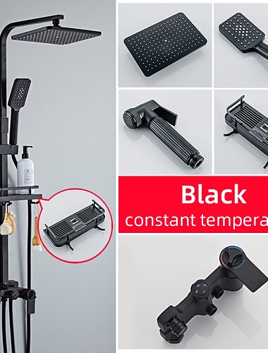  Duscharmatur, Regenduschkopfsystem, Thermostat-Mischventil-Set – Handbrause inklusive, ausziehbare Regendusche, moderne, antik lackierte Oberflaechen, Montage im Inneren des Keramikventils,