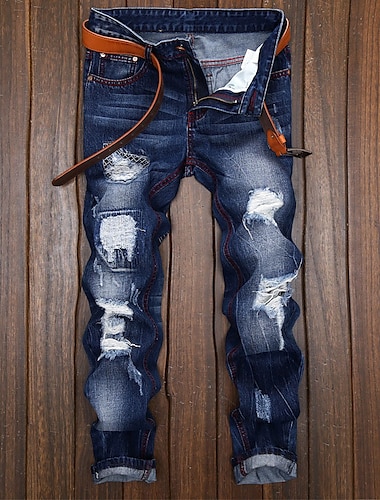  Men\'s Chinos Jeans Patchwork Pocket Gradient Full Length Casual Daily Cotton Denim Vintage Streetwear Slim Deep Blue Micro-elastic