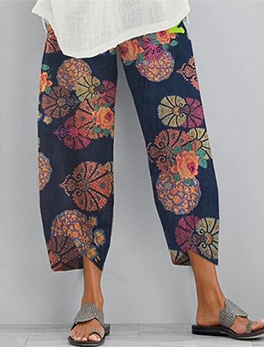  Women\'s Chinos Slacks Pants Trousers Cotton And Linen Blue Pink Red Mid Waist Basic Casual / Sporty Daily Weekend Pocket Print Ankle-Length Comfort Graphic Prints S M L XL XXL / Loose Fit