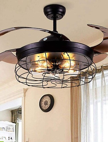 Ceiling Fan with Lights-42" Industrial Ceiling Fan with Retractable Blades, 3/6-Speed ControlVintage Cage Ceiling Light Fixture with Remote for Kitchen, Dining Room, Living Room E26 Black