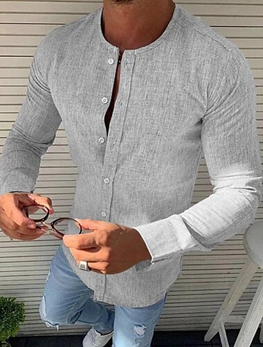  Men\'s Shirt Button Up Shirt Summer Shirt Black Blue Brown Green Khaki Long Sleeve Plain Solid Colored Round Neck Casual Daily Button-Down Clothing Apparel Fashion Casual Breathable Comfortable