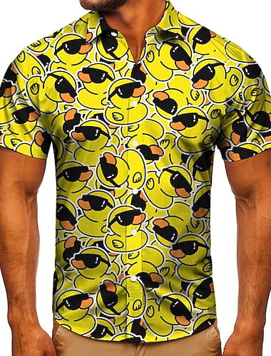  Men\'s Shirt Short Sleeve Graphic Prints Duck Turndown Yellow 3D Print Street Daily Button-Down Clothing Apparel Fashion Casual Classic Breathable
