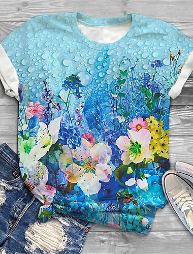  Pentru femei Plus Size Topuri Tricou Floral Grafic Imprimeu Manșon scurt Crewneck De Bază Zilnic Concediu Jersey din Bumbac Spandex Primăvară Vară Albastru piscină / Mărime Plus / Mărime Plus