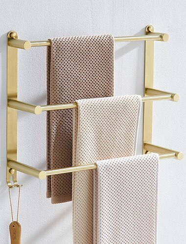  Bathroom Three-layer Shelf with Hooks Stainless Steel Multi-function Towel Rack Wall Mounted Matte Gold and Brushed Nickel 1pc