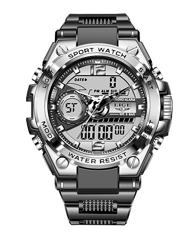 LIGE mænd digital ur kronograf militær sport vandtæt dual display kalender kronograf vandtæt silicone rem ur