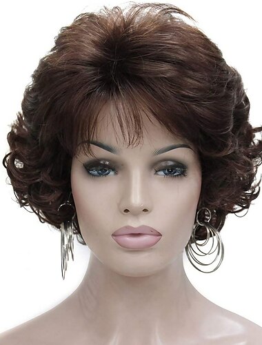  Dark Brown Short Curly Wavy Wig with Hair Bangs 100% Imported Premium Synthetic Fashion Brown Hair Wigs for Women