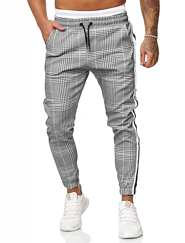  Men\'s Joggers Trousers Chinos Pants Trousers Casual Pants Drawstring Classic Lattice Outdoor Full Length Home Daily Cotton Streetwear Stylish Slim Gray Micro-elastic