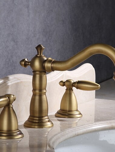  صنبور خلاط بالوعة الحمام عتيق على نطاق واسع ، 360 دوّار على الطراز العتيق من النحاس الأصفر 3 فتحات 2 مقبض حوض صنبور مثبت على سطح السفينة ، حوض غسيل ، صنبور ماء مع خرطوم ساخن وبارد