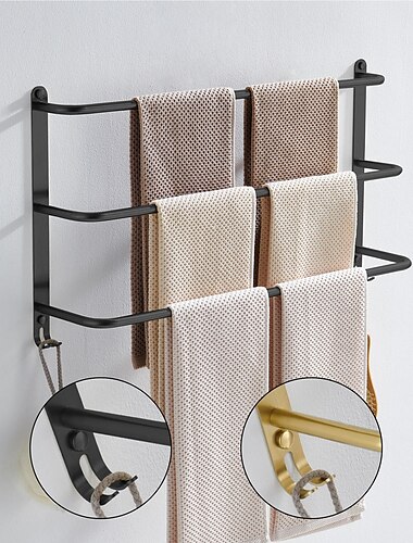  Bathroom Three-layer Shelf with Hooks Stainless Steel Multi-function Towel Rack Matte Black and Golden 1pc