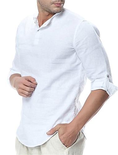  Men\'s Shirt Long Sleeve Solid Color Stand Collar Henley White Black Gray Navy Blue Outdoor Street Button-Down Clothing Apparel Fashion Casual Comfortable / Summer / Spring / Summer