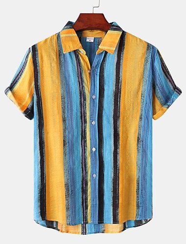  Men\'s Shirt Summer Hawaiian Shirt Graphic Shirt Striped Collar Yellow Outdoor Street Button-Down Clothing Apparel Cotton Designer Casual Hawaiian Comfortable / Short Sleeve / Short Sleeve