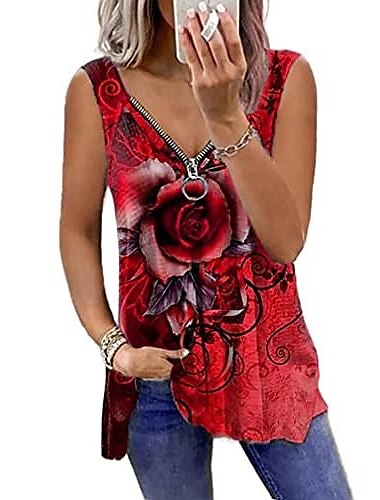  mayntop naisten topit ruusu kukka graafinen painatus etninen hihaton vetoketju v-aukko plus koko löysä t-paita camisole
