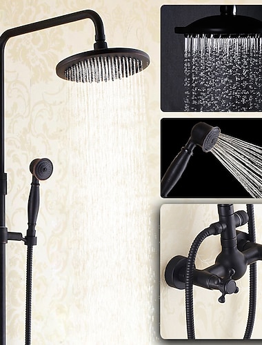  set combinato di rubinetti per sistema doccia antico, kit soffione a pioggia da 8 "con doccetta a parete, finitura galvanizzata in ottone rame nero stile vintage 2 maniglie Rubinetti per vasca a 3 fori con bodyspray