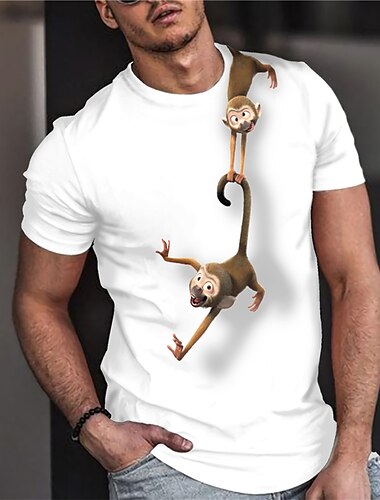  Monkeys Cartoon Mens 3D Shirt For Birthday | White Summer Cotton | Men\'S Unisex Tee Graphic Prints Crew Neck 3D Daily Holiday Short Sleeve Clothing Apparel Designer