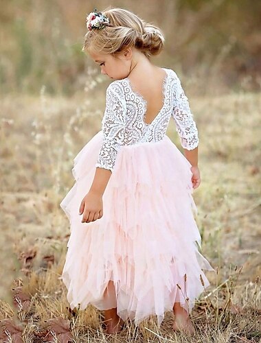  copii petrecere fetite roz printesa floare dantela tul festonat spate tutu spate margini superioare rochie fete cu niveluri
