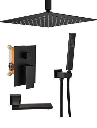 シャワーシステム蛇口セットレインフォールシャワーヘッド10インチブラック、ラフインバルブとトリムキットコンボセット高圧ヘッド付きハンドヘルド壁掛けバスルーム用