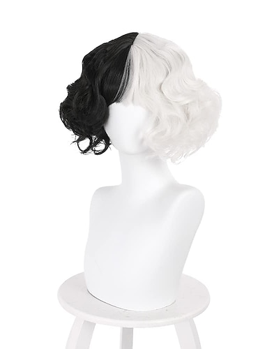  2021 Cruella Deville perruque demi-perruque noire et blanche courte bouclee ondulee cheveux femmes fille role cosplay fete perruques synthetiques resistantes a la chaleur