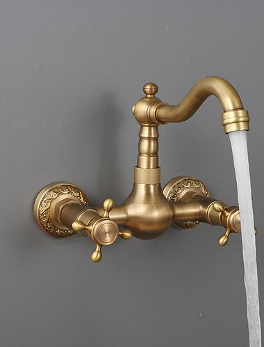  Traditional Kitchen Sink Mixer Taps Wall Mounted Brass, Vintage Retro Kitchen Faucet Twin Lever Standard Spout Vessel Tap