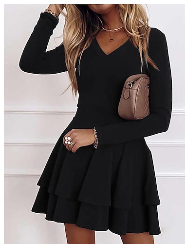  Women‘s Black Dress A Line Dress Mini Dress Red Wine Dark Blue Long Sleeve Solid Color Pure Color Layered Ruffle Fall Spring V Neck Personalized Elegant Sexy Party Slim 2023
