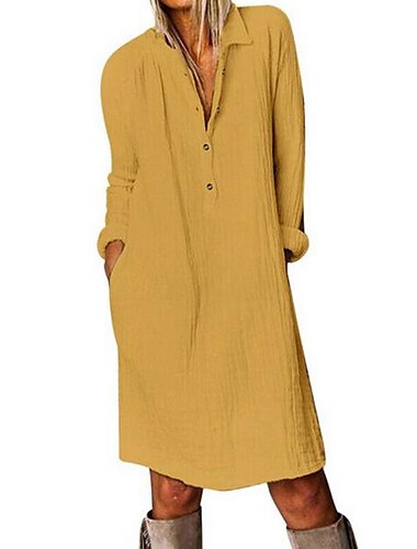  Women‘s Casual Dress Linen Dress Long Sleeve Pure Color Button Fall Spring Autumn Shirt Collar Winter Dress Fall Dress Loose Fit 2023 S M L XL 2XL 3XL 4XL