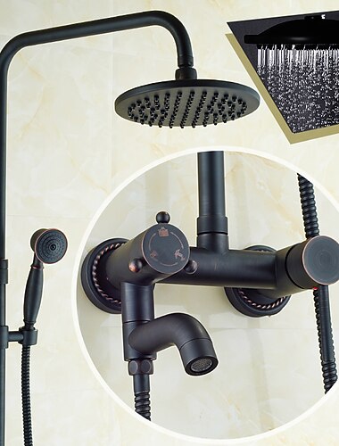  Set baterie de duș vintage, sistem de duș Kit de sistem de cap de duș cu efect de ploaie de 8 inchi, duș de mână inclus duș cu efect de ploaie în stil antic, montare galvanizată în exterior, supapă din alamă, baterii de duș pentru baie