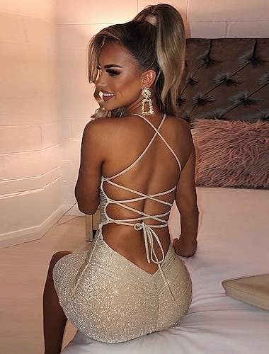  Women\'s Sheath Dress Party Dress Short Mini Dress Champagne Gold Blue Sleeveless Pure Color Backless Ruched Spring Summer Cold Shoulder Personalized Stylish Hot Party Slim 2022 S M L XL XXL