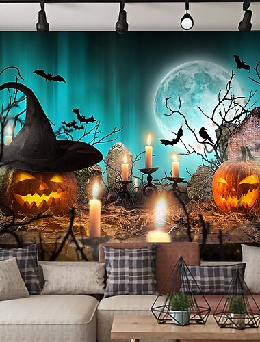  halloween dekorationer gobeläng jack o lykta pumpa dekor väggkonst stor hängande gobeläng väggmålning dekor fotografi bakgrund filt gardin hem sovrum vardagsrum fladdermus spökhus kyrkogård