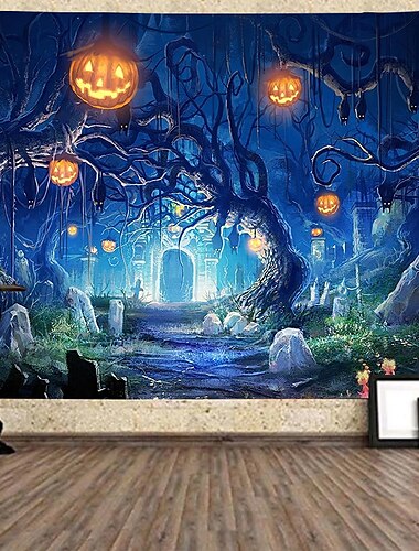 Halloween Wall Tapestry Art Decor Blanket Curtain Hanging Home Bedroom Living Room Decoration Psychedelic Haunted Scary Pumpkin Skull Skeleton Bat Castle Grim Reaper Polyester