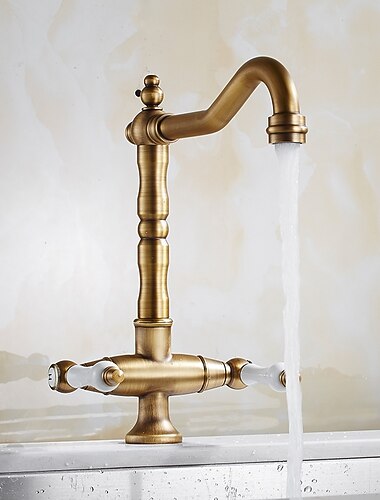 tradisjonell kjøkkenvask blandebatteri, beholder i retrostil kjøkkenkraner doble håndtak ett hull roterbar krom/messing/nikkel børstet standard tut tradisjonell kjøkkenvask blandebatteri, beholder i retrostil kjøkkenkraner doble håndtak ett hull roterbar krom/messing/nikkel børstet standard tut