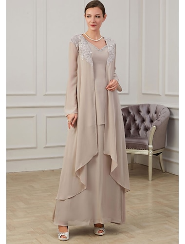  A-Line Mother of the Bride Dress Wedding Guest Elegant Jewel Neck Floor Length Chiffon Long Sleeve Jacket Dresses with Appliques 2024